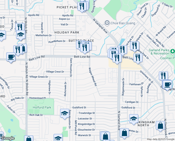 map of restaurants, bars, coffee shops, grocery stores, and more near 1705 Running River Road in Garland