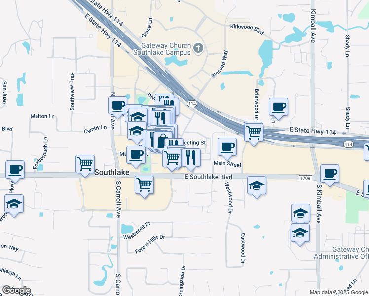 map of restaurants, bars, coffee shops, grocery stores, and more near 190 Summit Avenue in Southlake
