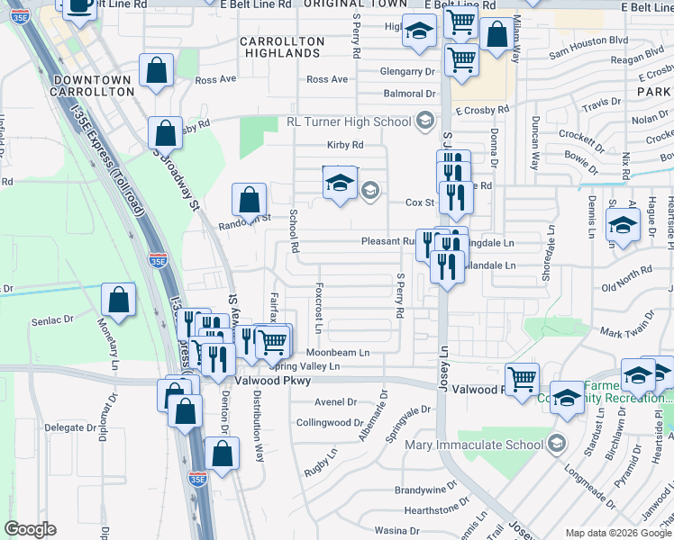 map of restaurants, bars, coffee shops, grocery stores, and more near 1824 School Rd in Carrollton