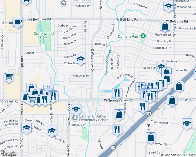 map of restaurants, bars, coffee shops, grocery stores, and more near 1108 Ridgeway Circle in Richardson