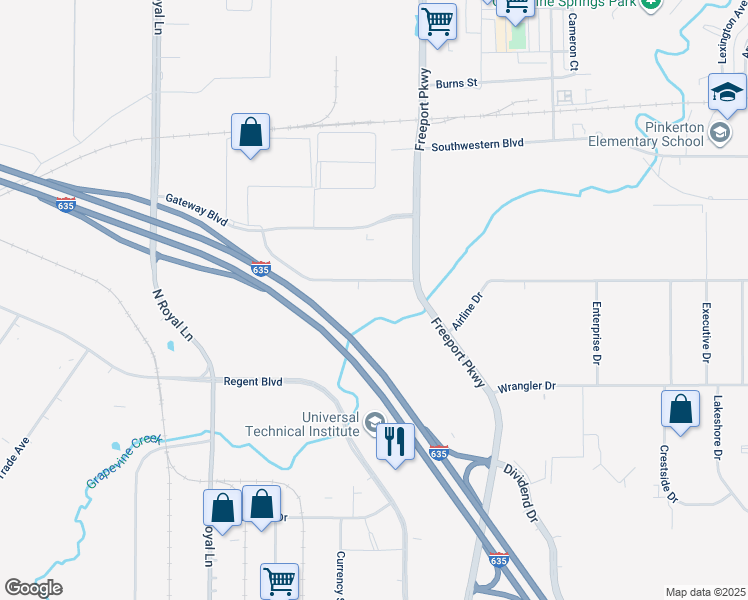 map of restaurants, bars, coffee shops, grocery stores, and more near 9501 Lyndon B Johnson Freeway in Coppell