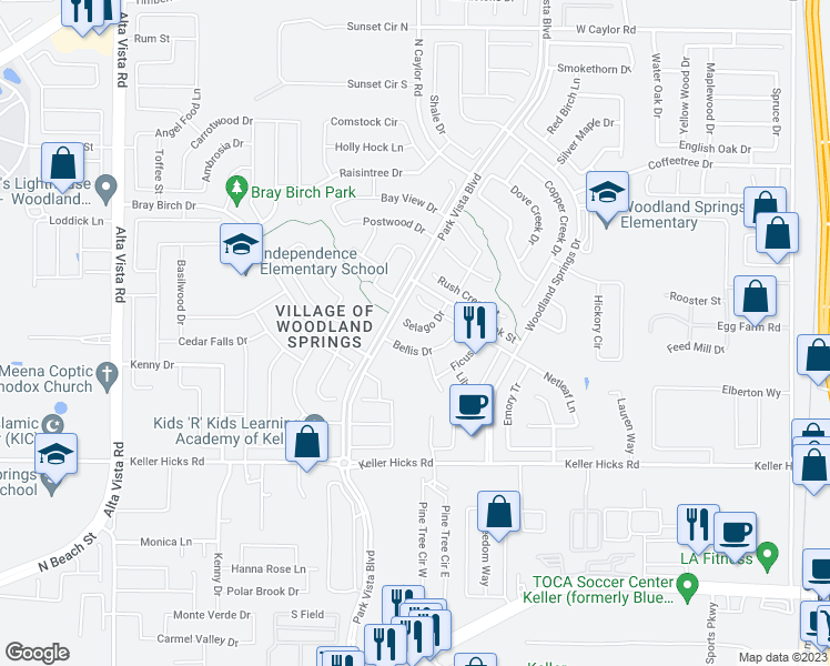 map of restaurants, bars, coffee shops, grocery stores, and more near 5216 Selago Drive in Fort Worth