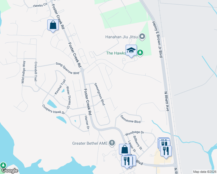 map of restaurants, bars, coffee shops, grocery stores, and more near 7317 Suncatcher Dr in Hanahan