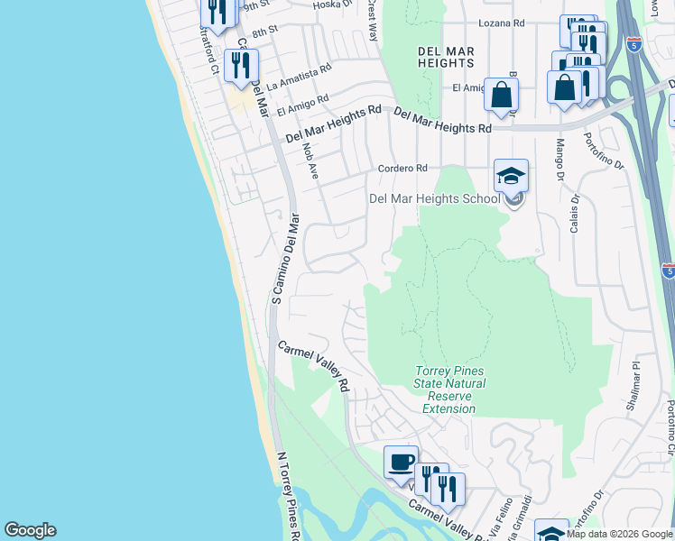 map of restaurants, bars, coffee shops, grocery stores, and more near 338 Hidden Pines Road in Del Mar