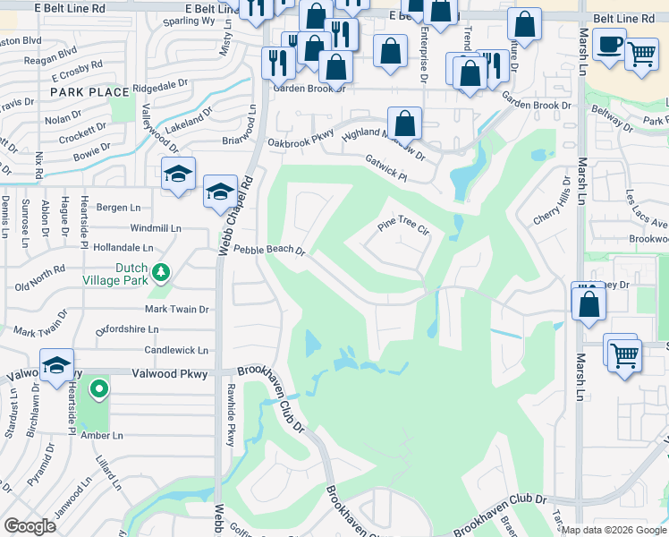 map of restaurants, bars, coffee shops, grocery stores, and more near 3343 Pebble Beach Drive in Farmers Branch