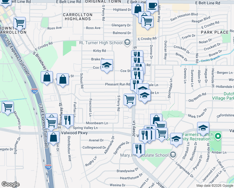 map of restaurants, bars, coffee shops, grocery stores, and more near 1852 School Road in Carrollton