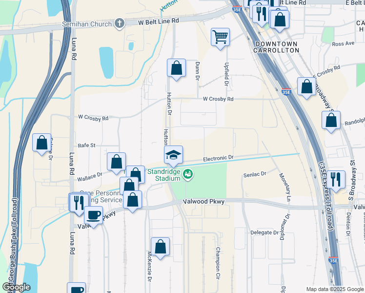 map of restaurants, bars, coffee shops, grocery stores, and more near 1625 Hutton Drive in Carrollton