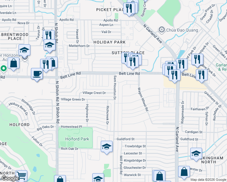 map of restaurants, bars, coffee shops, grocery stores, and more near 2802 Sam Houston Drive in Garland
