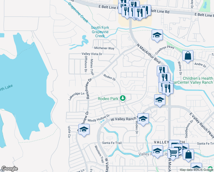map of restaurants, bars, coffee shops, grocery stores, and more near 1119 Backbay Drive in Irving