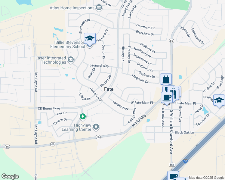 map of restaurants, bars, coffee shops, grocery stores, and more near 630 West Fate Main Place in Rockwall
