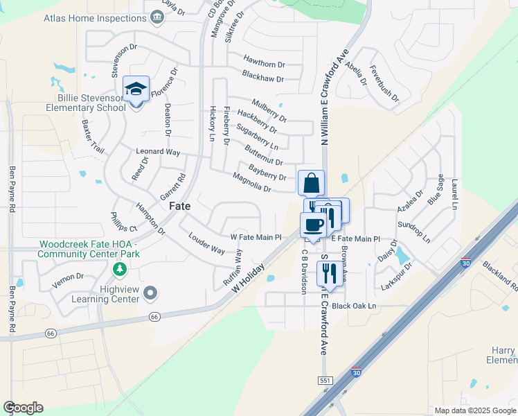 map of restaurants, bars, coffee shops, grocery stores, and more near 680 Cannon Drive in Rockwall