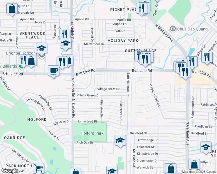 map of restaurants, bars, coffee shops, grocery stores, and more near 2137 Village Crest Drive in Garland