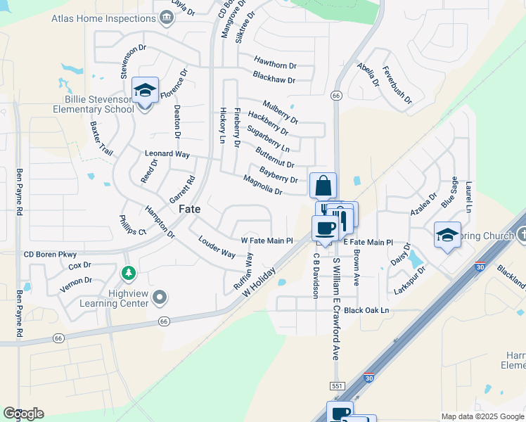 map of restaurants, bars, coffee shops, grocery stores, and more near 654 Payton Way in Rockwall
