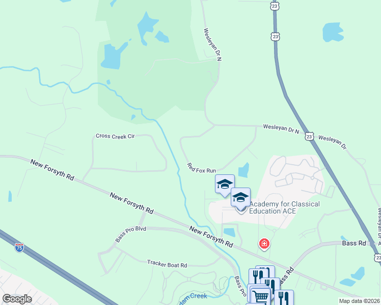 map of restaurants, bars, coffee shops, grocery stores, and more near 140 Red Fox Run in Macon