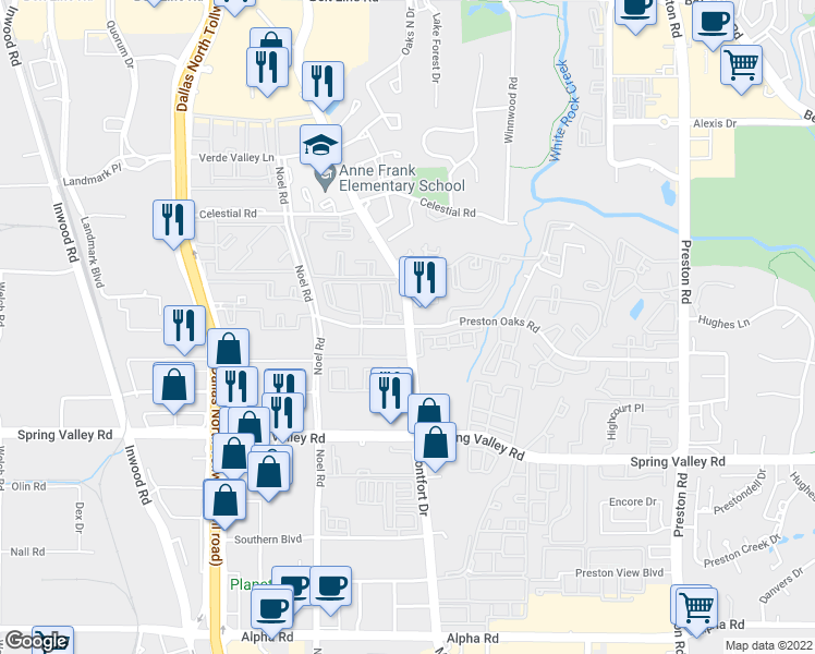 map of restaurants, bars, coffee shops, grocery stores, and more near Montfort Dr & Preston Oaks Rd in Dallas