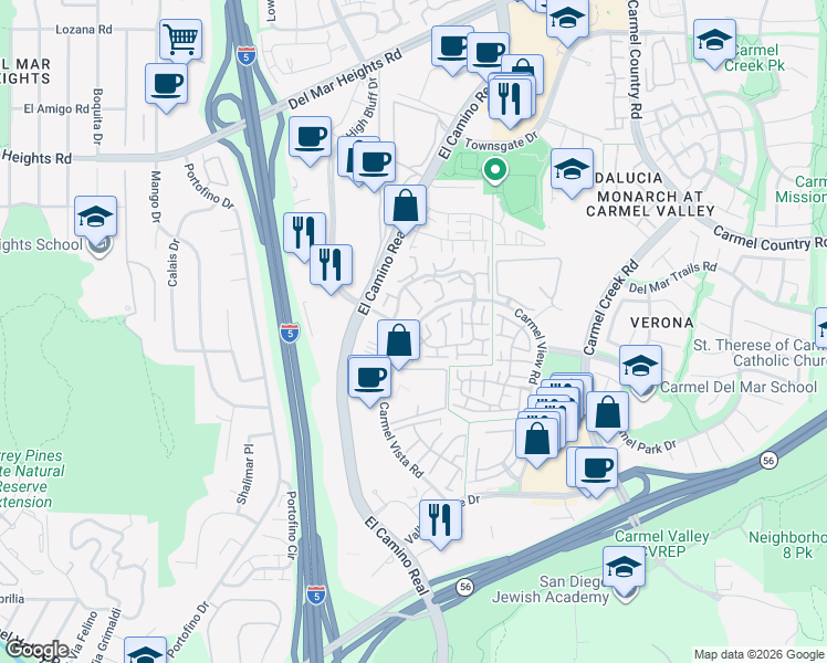 map of restaurants, bars, coffee shops, grocery stores, and more near High Bluff Drive & Carmel Vista Road in San Diego