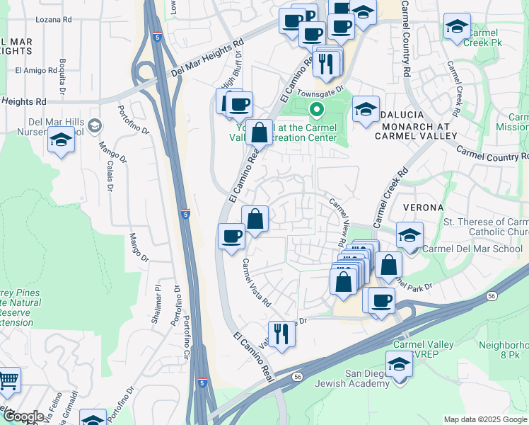 map of restaurants, bars, coffee shops, grocery stores, and more near 7900 Carmel View Road in San Diego