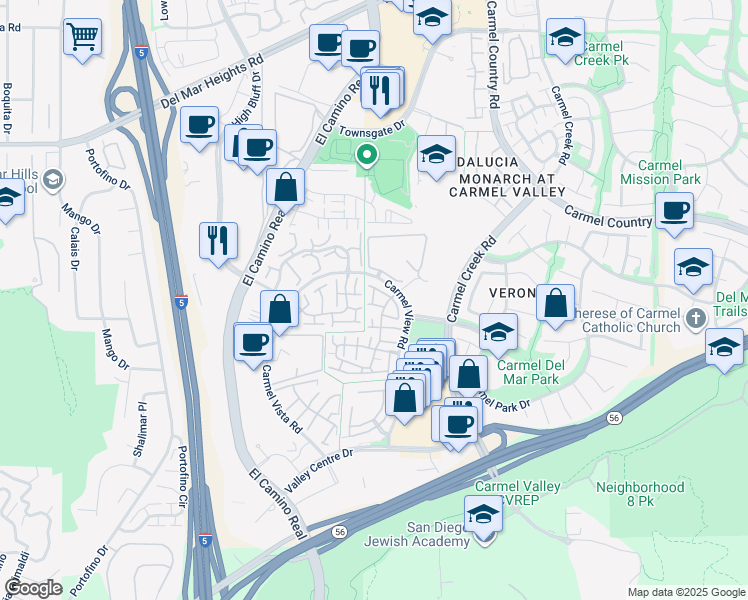 map of restaurants, bars, coffee shops, grocery stores, and more near 12530 Caminito Mira Del Mar in San Diego
