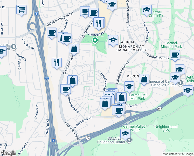 map of restaurants, bars, coffee shops, grocery stores, and more near 12540 Caminito Mira Del Mar in San Diego