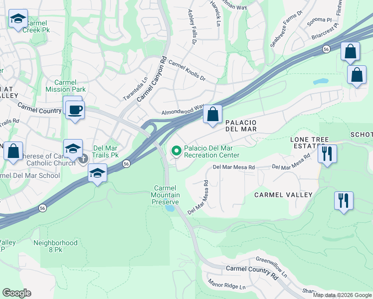 map of restaurants, bars, coffee shops, grocery stores, and more near 4895 Caminito Exquisito in San Diego