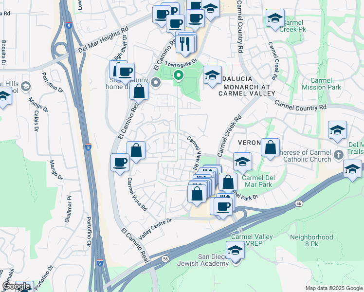 map of restaurants, bars, coffee shops, grocery stores, and more near 12530 Caminito Mira Del Mar in San Diego