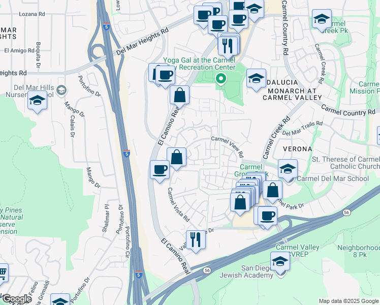 map of restaurants, bars, coffee shops, grocery stores, and more near 3644 Ruette De Ville in San Diego