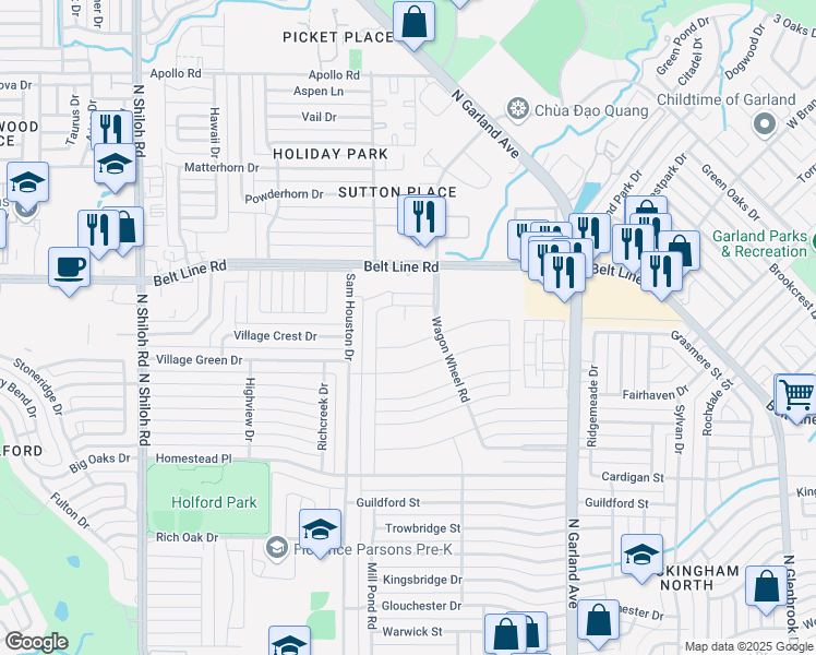 map of restaurants, bars, coffee shops, grocery stores, and more near 1705 Running River Road in Garland