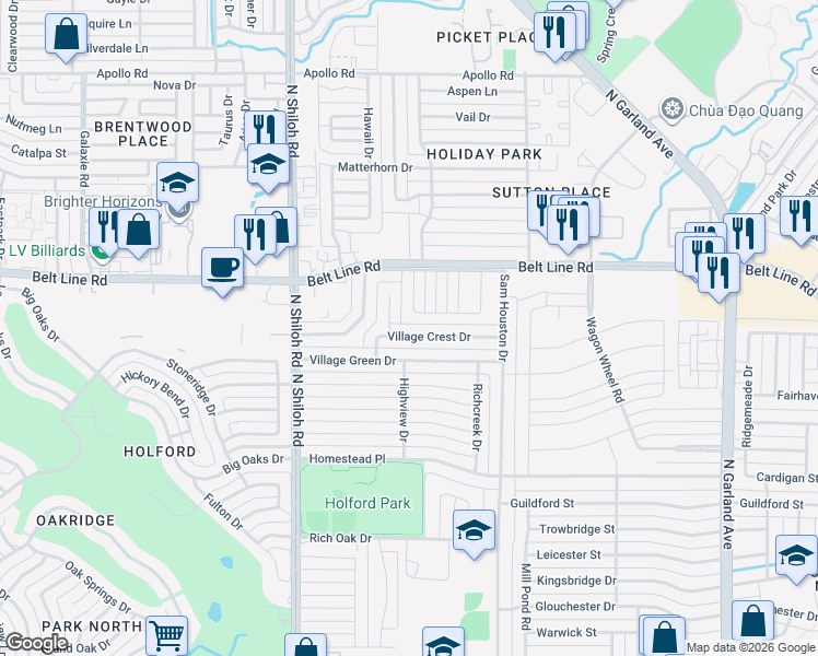 map of restaurants, bars, coffee shops, grocery stores, and more near 2137 Village Crest Drive in Garland
