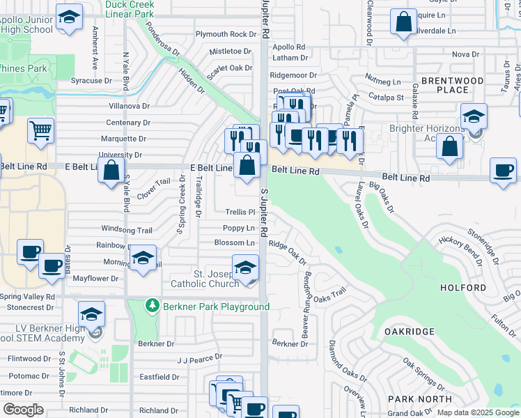 map of restaurants, bars, coffee shops, grocery stores, and more near 3425 Greenview Drive in Garland