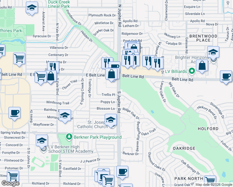 map of restaurants, bars, coffee shops, grocery stores, and more near 3425 Greenview Drive in Garland