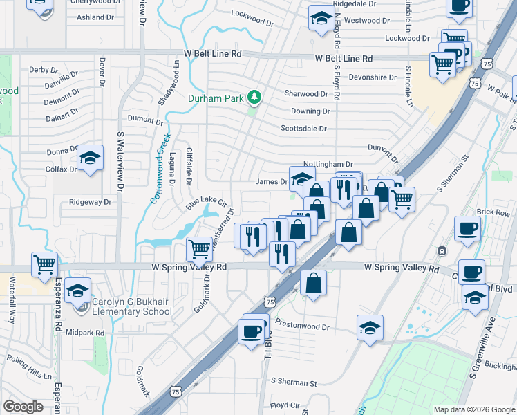 map of restaurants, bars, coffee shops, grocery stores, and more near 805 Saint Paul Court in Richardson
