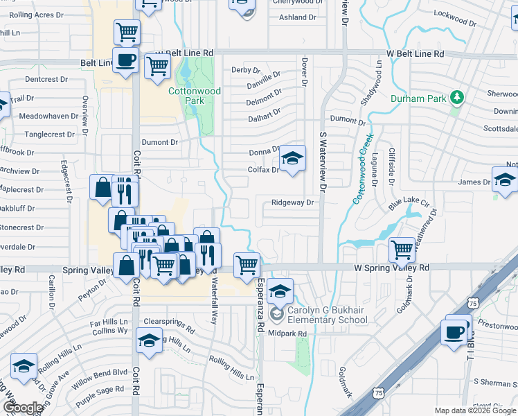 map of restaurants, bars, coffee shops, grocery stores, and more near 843 Dublin Drive in Richardson