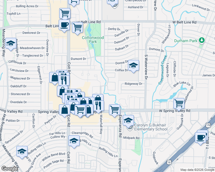 map of restaurants, bars, coffee shops, grocery stores, and more near 895A Dublin Drive in Richardson