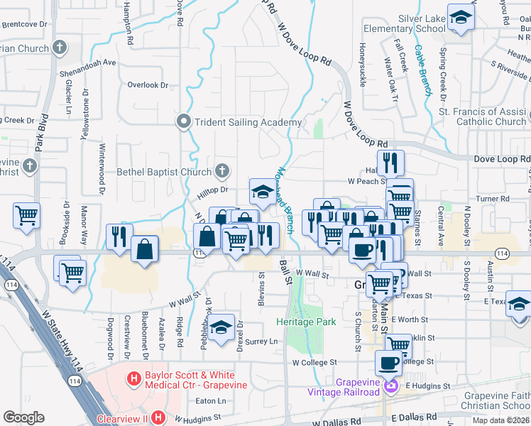 map of restaurants, bars, coffee shops, grocery stores, and more near 301 Pony Parkway in Grapevine