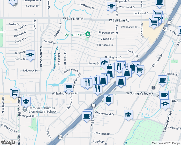 map of restaurants, bars, coffee shops, grocery stores, and more near 805 Saint Paul Court in Richardson