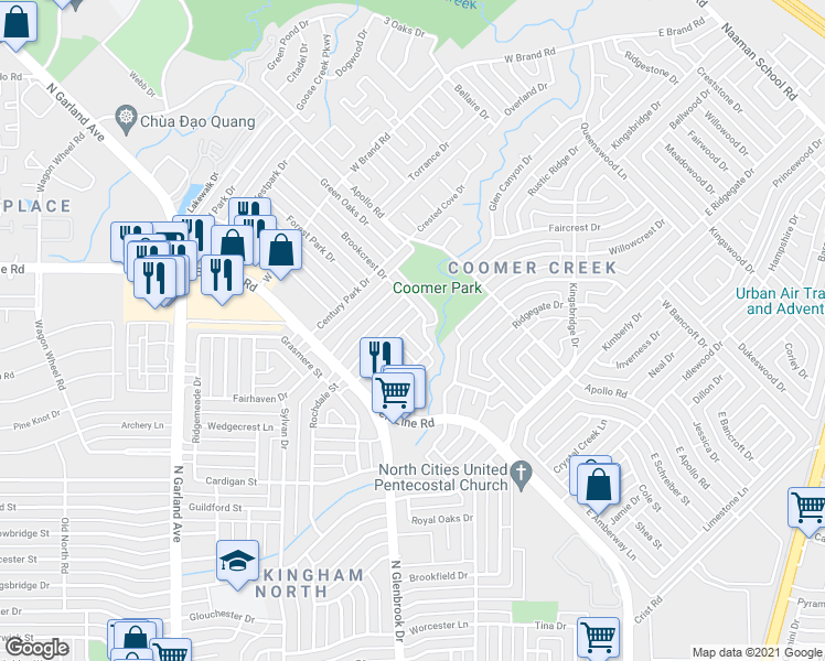 map of restaurants, bars, coffee shops, grocery stores, and more near 2522 Brookcrest Drive in Garland