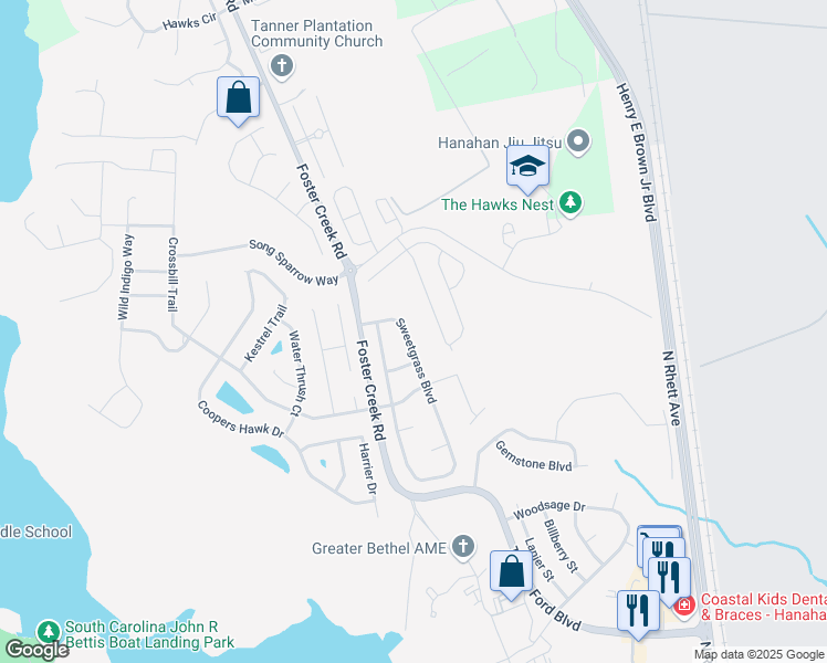 map of restaurants, bars, coffee shops, grocery stores, and more near 7121 Sweet Grass Boulevard in Hanahan