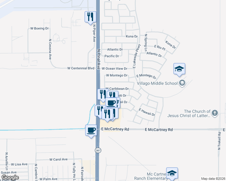 map of restaurants, bars, coffee shops, grocery stores, and more near 259 West Caribbean Drive in Casa Grande