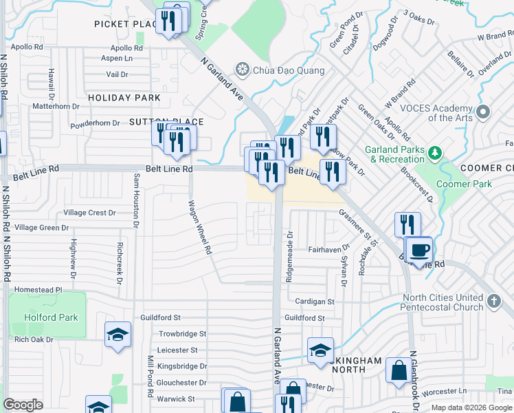 map of restaurants, bars, coffee shops, grocery stores, and more near 2837 North Garland Avenue in Garland