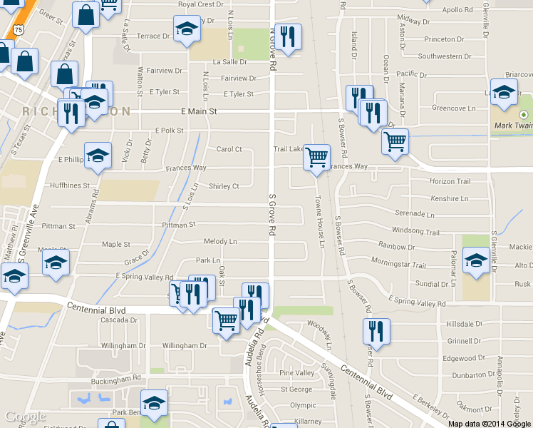 map of restaurants, bars, coffee shops, grocery stores, and more near 404 South Grove Road in Richardson