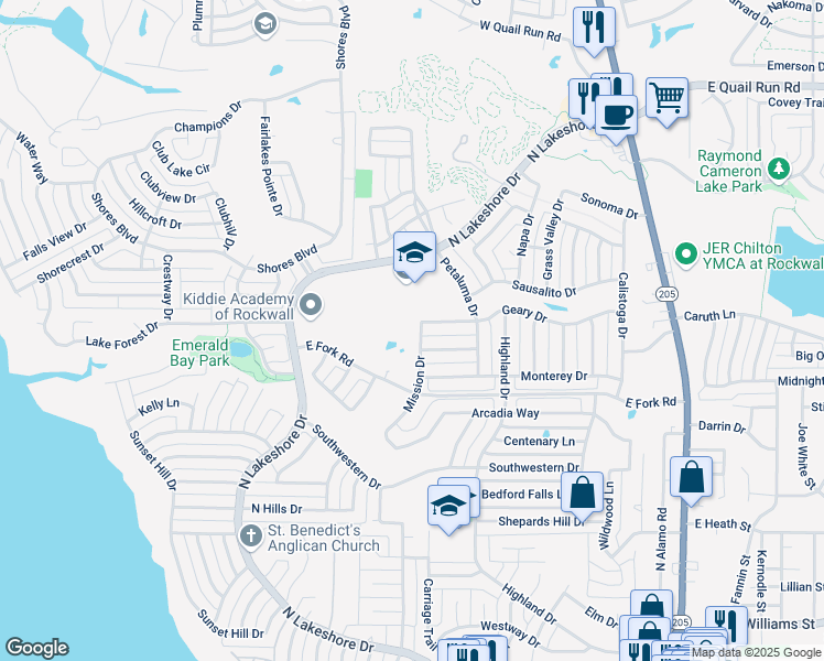 map of restaurants, bars, coffee shops, grocery stores, and more near 1293 Mission Dr in Rockwall