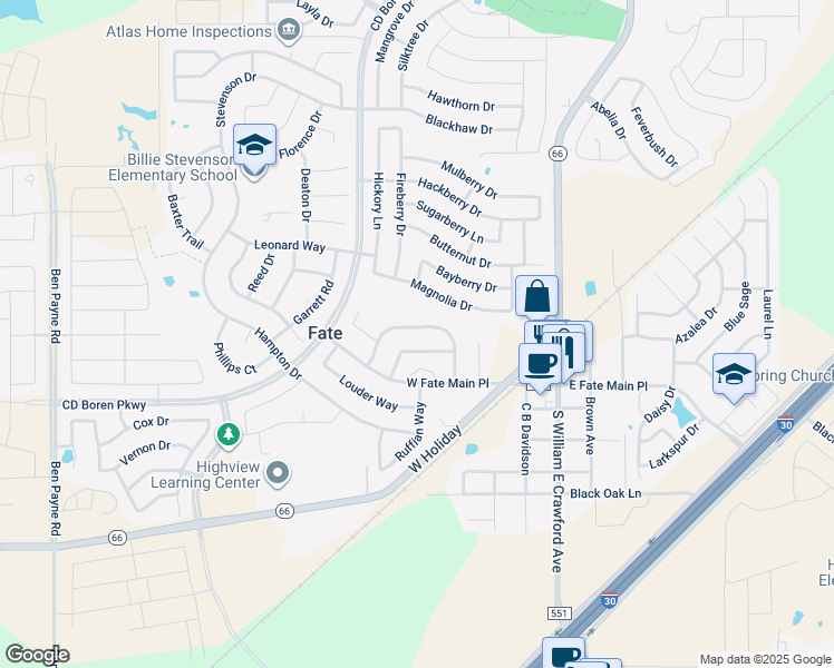 map of restaurants, bars, coffee shops, grocery stores, and more near 662 Payton Way in Rockwall