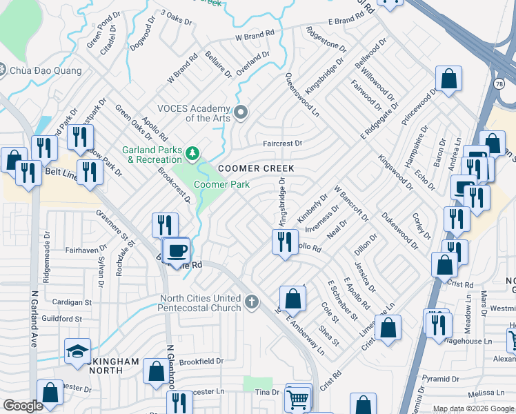 map of restaurants, bars, coffee shops, grocery stores, and more near 430 Ridgegate Place in Garland