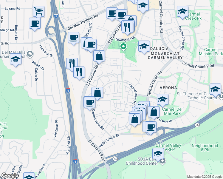 map of restaurants, bars, coffee shops, grocery stores, and more near 3686 Ruette De Ville in San Diego