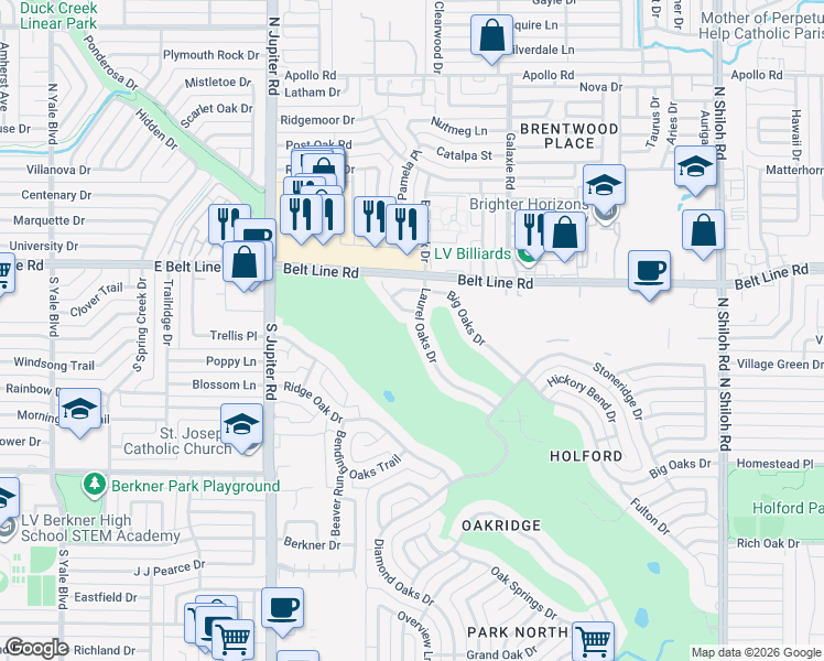 map of restaurants, bars, coffee shops, grocery stores, and more near 2843 Laurel Oaks Drive in Garland