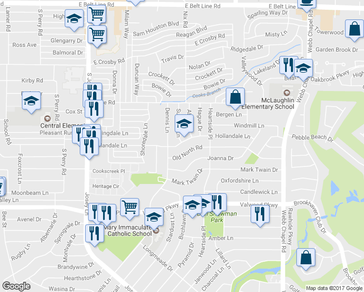 map of restaurants, bars, coffee shops, grocery stores, and more near 2828 Hollandale Lane in Farmers Branch