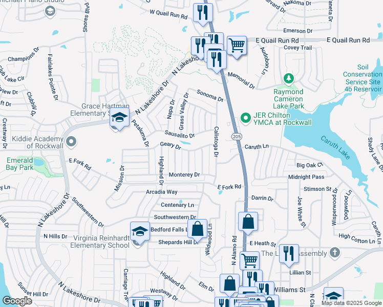 map of restaurants, bars, coffee shops, grocery stores, and more near 1300 Antioch Drive in Rockwall