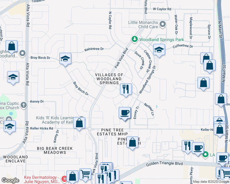 map of restaurants, bars, coffee shops, grocery stores, and more near 5308 Selago Drive in Fort Worth