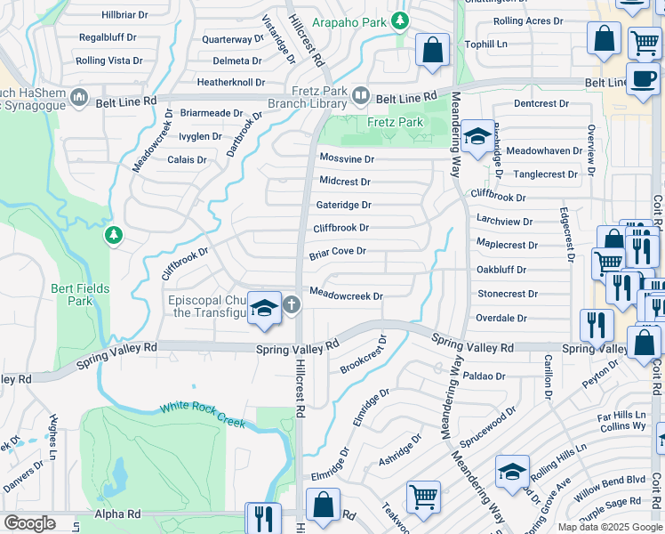 map of restaurants, bars, coffee shops, grocery stores, and more near 7025 Oakbluff Drive in Dallas