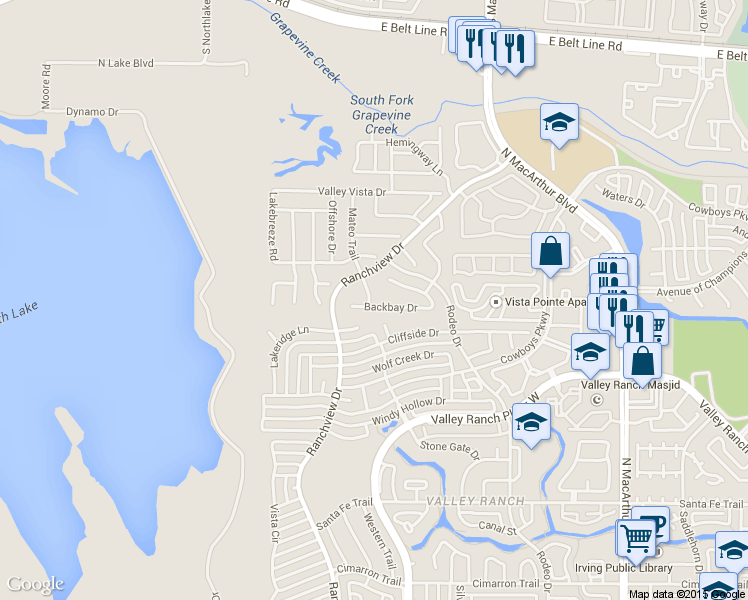 map of restaurants, bars, coffee shops, grocery stores, and more near 1147 Backbay Dr in Irving